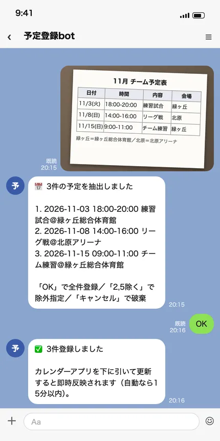 LINEのトーク画面。紙の予定表の写真を送ると、読み取った3件の予定が日時と場所つきで並び、「OK」と返すとカレンダーに登録される。