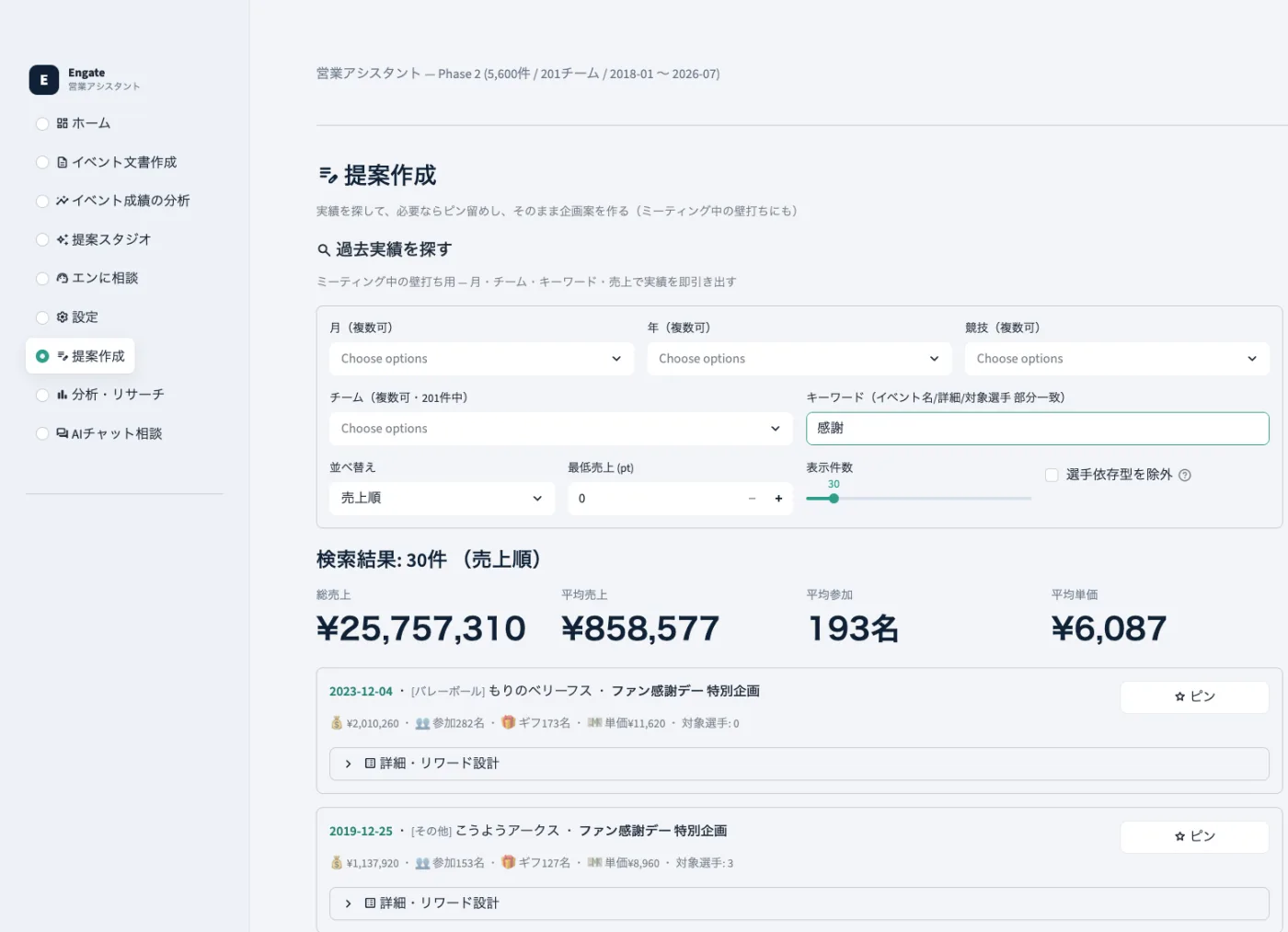 過去の実施記録を検索する画面。左に月・年・競技・チーム・キーワードの絞り込み、下に検索結果の件数と合計・平均の数字、その下に1件ずつのカードが並ぶ。