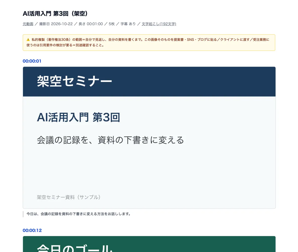 動画から作った資料のページ。題名と長さの下に、場面ごとの画面の写真と、その場面で話している言葉が並ぶ。